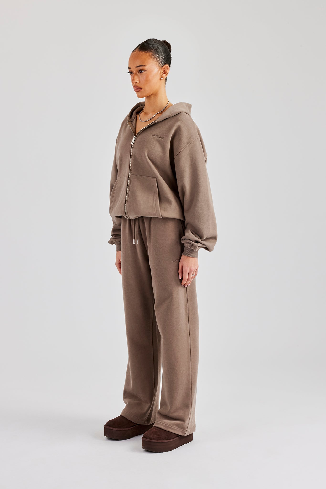 Oversized Zip Through Hoodie & Embroidered Wide Leg Jogger - Taupe